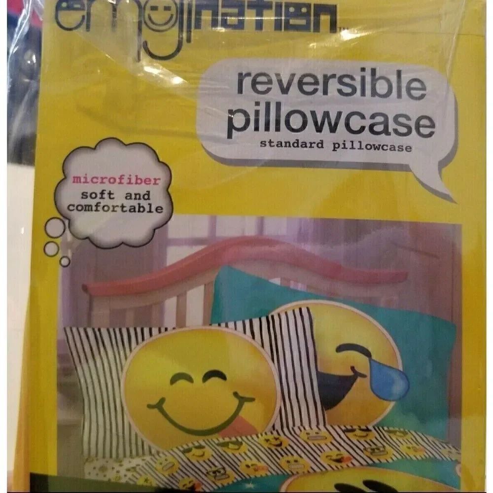 Emojination Yellow Multicolor Reversible Microfiber Pillow Case Smiley Face - Picture 2 of 4